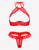 Floral lace halter bra top and thong, red sheer lace lingerie set (flat lay)