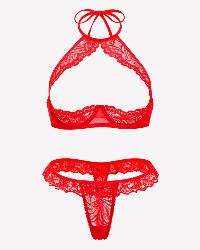 Floral lace halter bra top and thong, red sheer lace lingerie set (flat lay)