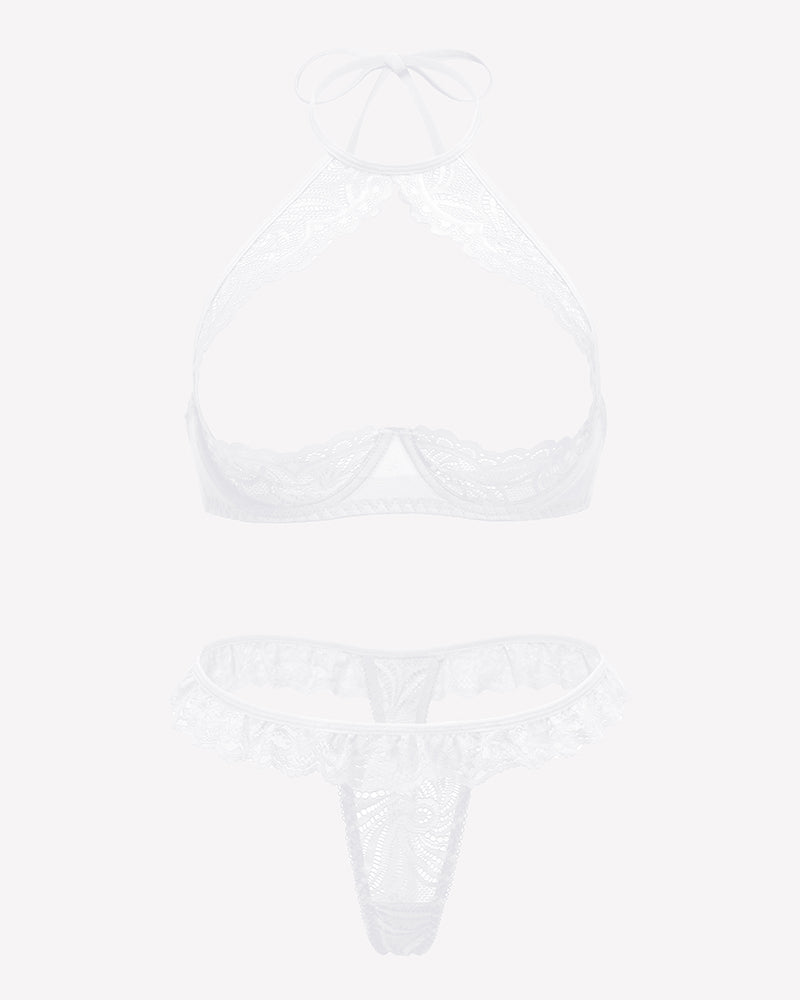 Floral lace halter bra top and thong, white sheer lace lingerie set (flat lay)