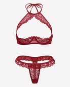 Wine red floral lace triangle bra and matching sheer thong lingerie set