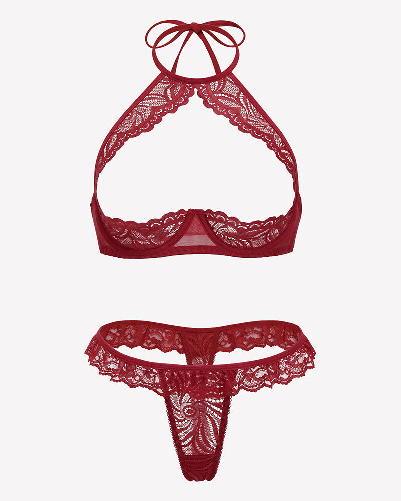 Wine red floral lace triangle bra and matching sheer thong lingerie set