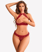 Floral lace push-up lingerie set with underwire halter bra and thong, wine red sheer