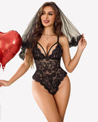 Lace deep V bodysuit with floral pattern and lace shorts, black