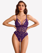 Purple lace deep V bodysuit with satin bow tie, underwire cups, lace straps