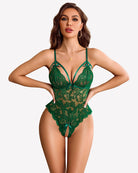 Lace deep V bodysuit with floral lace, green