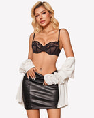 Black lace underwire bra and matching panty set, front view with scalloped cups