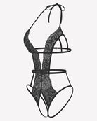 Black deep V halter crotchless lace bodysuit, lace triangle bust and strappy briefs
