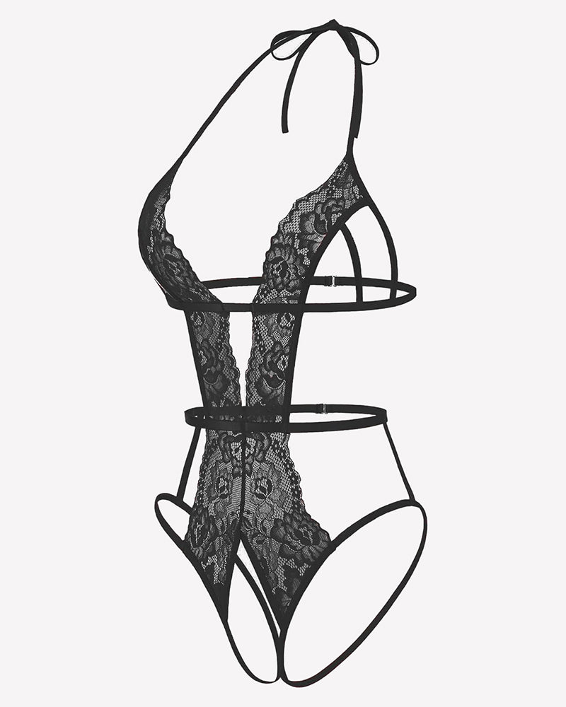 Black deep V halter crotchless lace bodysuit, lace triangle bust and strappy briefs