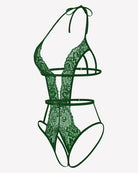 Green deep V halter crotchless lace bodysuit with strappy cutout front