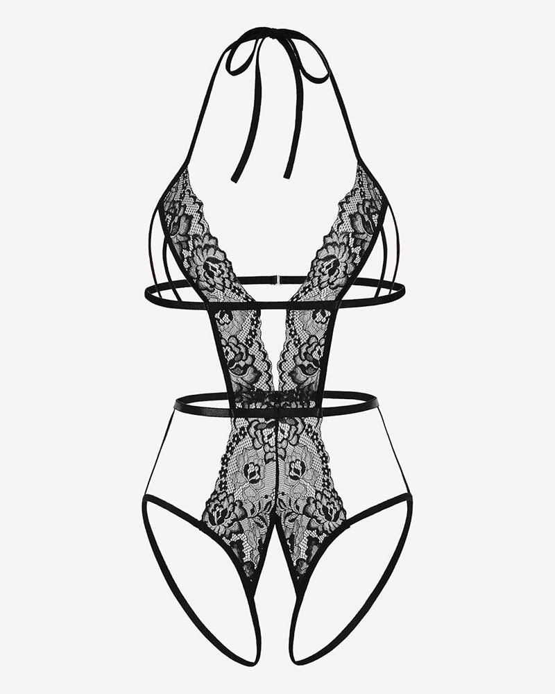 Black deep V halter crotchless lace bodysuit with strappy open back and lace detailing