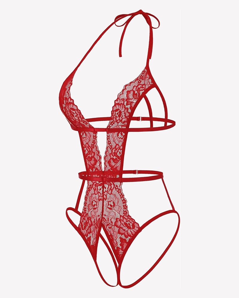 Red deep V halter crotchless lace bodysuit with strappy cutout front
