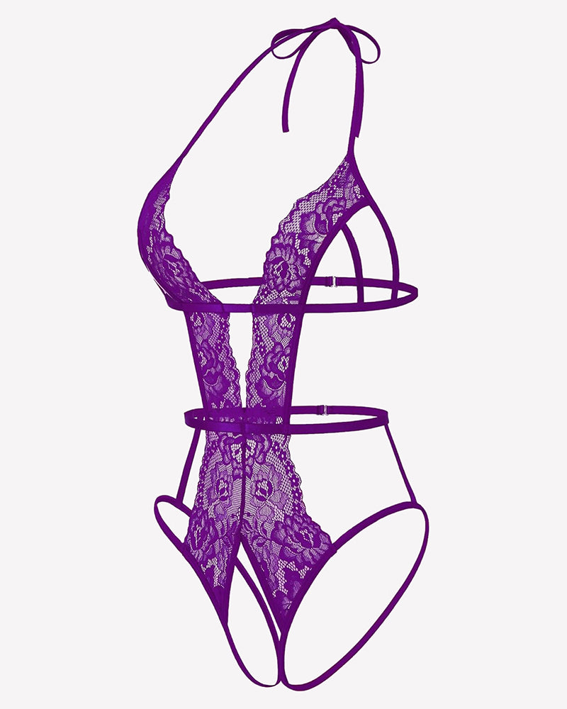 Purple deep V halter crotchless lace bodysuit with strappy cutout front