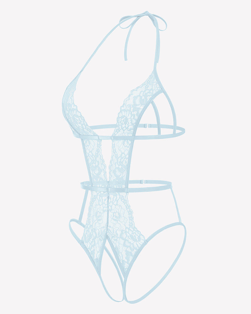 Light blue deep V halter crotchless lace bodysuit with strappy cutout front