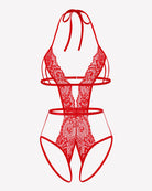 Red deep V halter crotchless lace bodysuit with strappy open-back straps