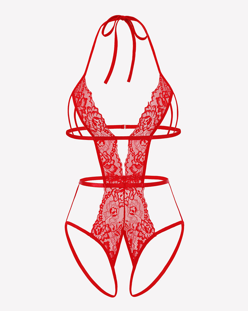 Red deep V halter crotchless lace bodysuit with strappy open-back straps