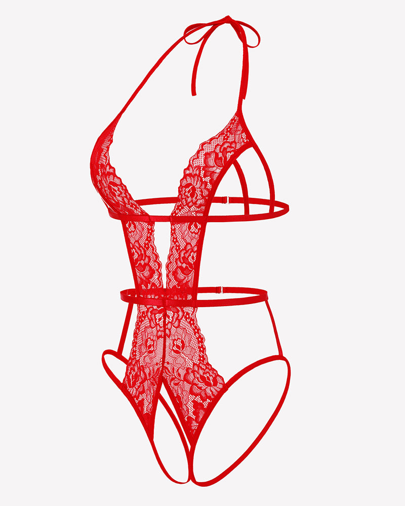 Crotchless lace bodysuit with deep V halter straps, open front panel, red