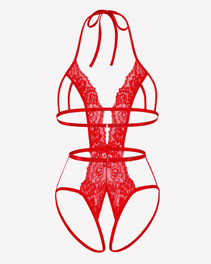 Crotchless lace bodysuit with halter neck, deep V cups, strappy waist, red