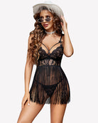 Black lace V-neck babydoll lingerie dress with fringe tassels and lace panel detail