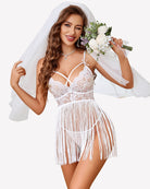 White lace babydoll lingerie dress with V-neck straps and long fringe tassels