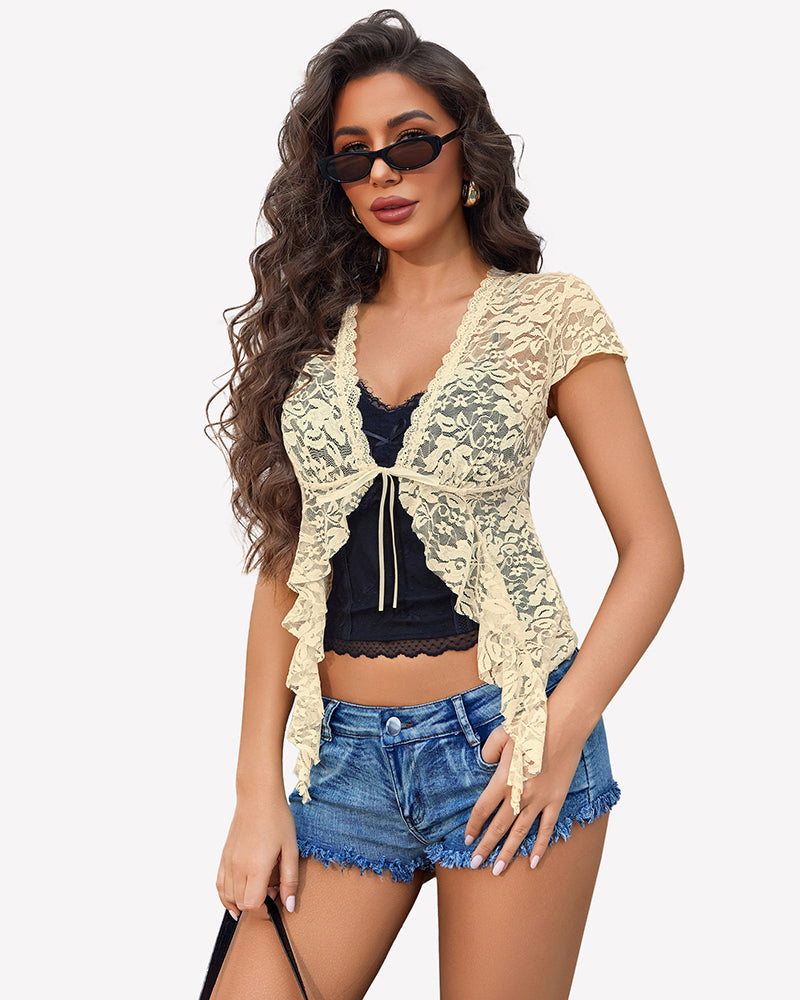 Light beige sheer lace crop top with short sleeves and tie-front neckline