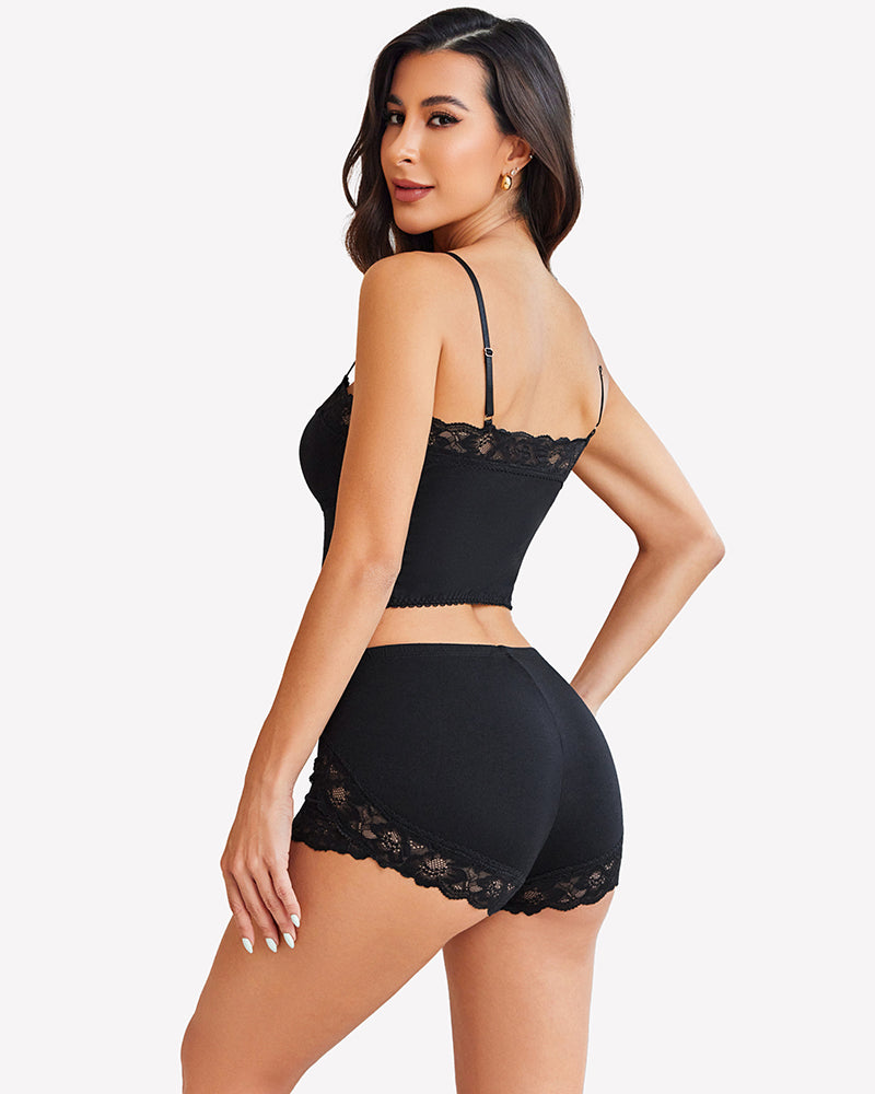 Black cami pajama set with lace-trim cami and lace shorts, full back view