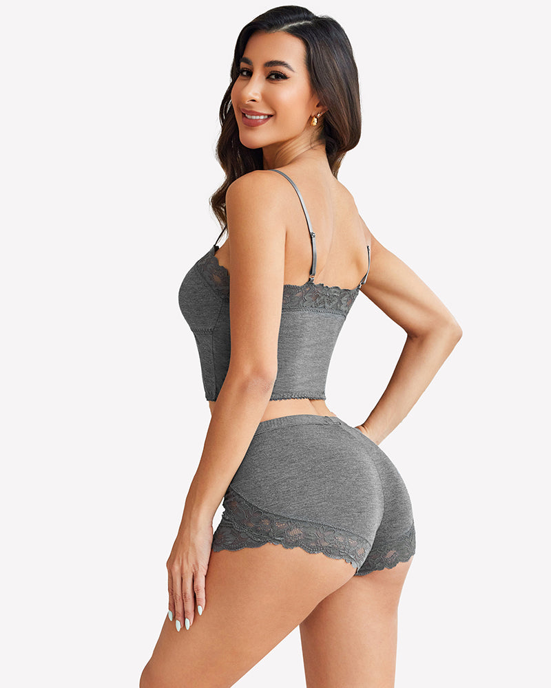 Gray cami pajama set with lace-trim cami and high-rise lace shorts, side view