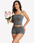 Gray cami pajama set with lace-trim cami and matching lace shorts