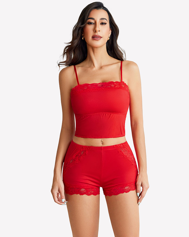 Red cami pajama set with lace-trim cami and matching lace shorts