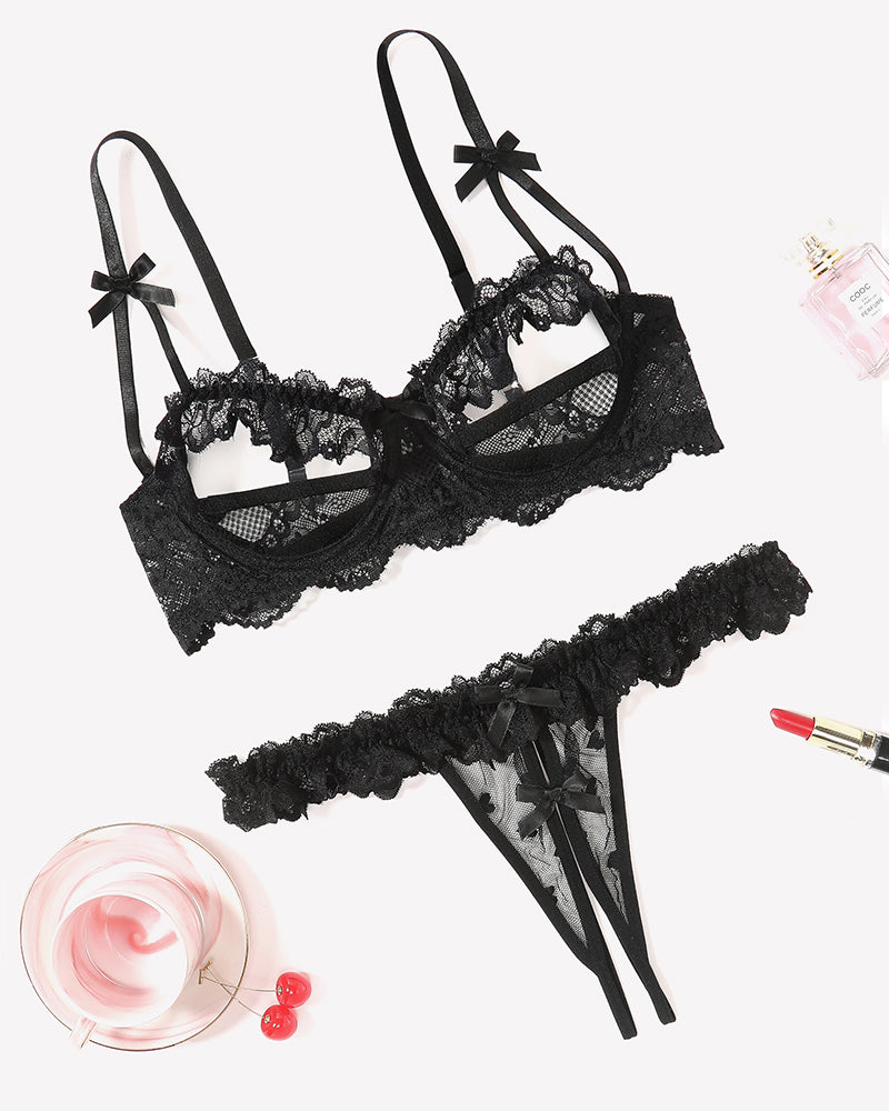 Black lace push-up bra and thong set with bow straps and scalloped trim