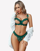Lake green lace push-up bra and matching cutout panty set with bow accents.