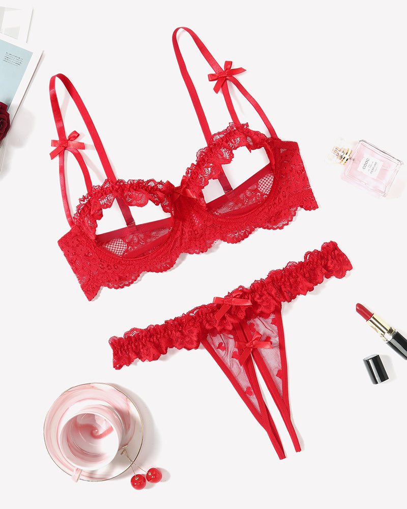 Red lace push-up bra and thong set with bow straps and scalloped edges