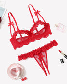 Red lace push-up bra and thong set with bow straps and scalloped edges
