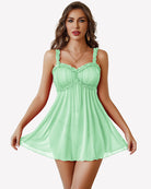 Light green sheer babydoll lingerie dress with lace-trim bust and gathered skirt