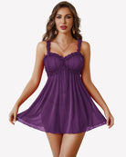 Purple sheer babydoll lingerie dress with lace-trim bust and gathered waist