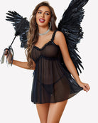Black sheer babydoll lingerie dress with ruched bust and lace-edged straps