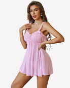 Light pink sheer babydoll lingerie dress with lace-trim bust and ruffled straps