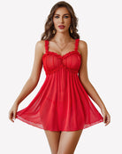 Red sheer babydoll lingerie dress with lace-trim cups and gathered skirt