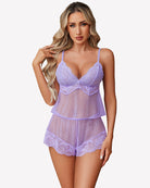 Lilac lace cami and matching shorts set with V-neck scalloped lace edges