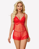 Red lace lingerie set with cami top and shorts, scalloped lace trim over sheer mesh