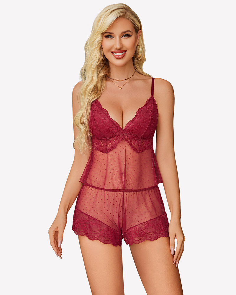 Wine red lace cami and shorts lingerie set with V-neck lace cups and scalloped hem
