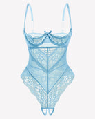Light blue underwire lace teddy bodysuit with bow at bust and lace mesh design