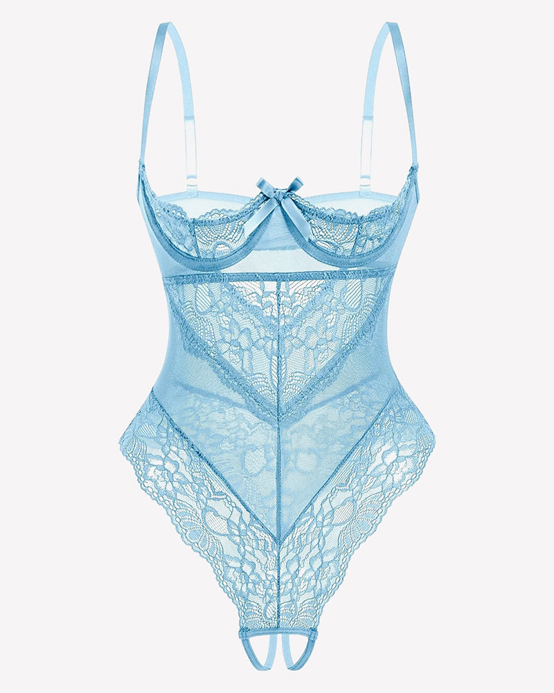 Light blue underwire lace teddy bodysuit with bow at bust and lace mesh design