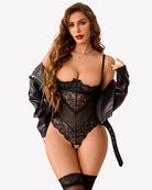 Black underwire lace teddy bodysuit with V-neck lace panel and sheer mesh bodice