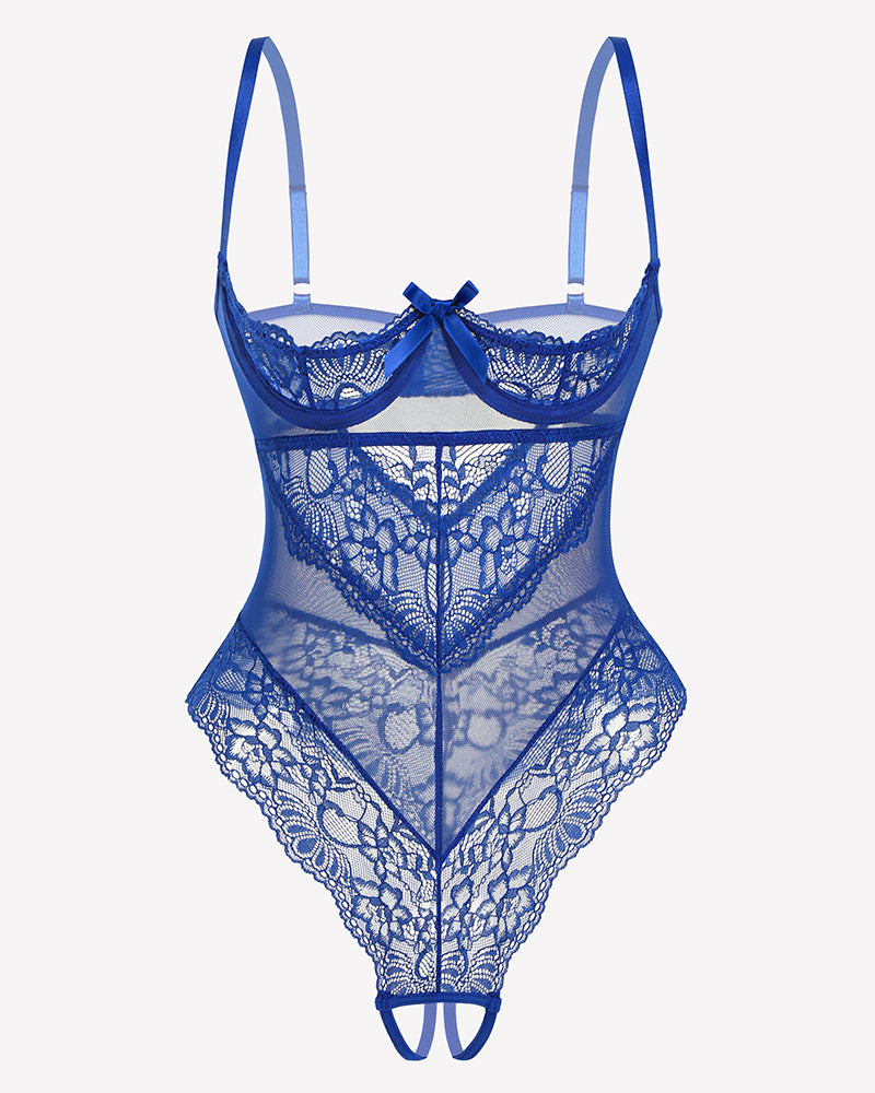 Royal blue underwire lace teddy bodysuit with bow at bust and scalloped lace edges