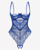 Royal blue underwire lace teddy bodysuit with bow at bust and scalloped lace edges
