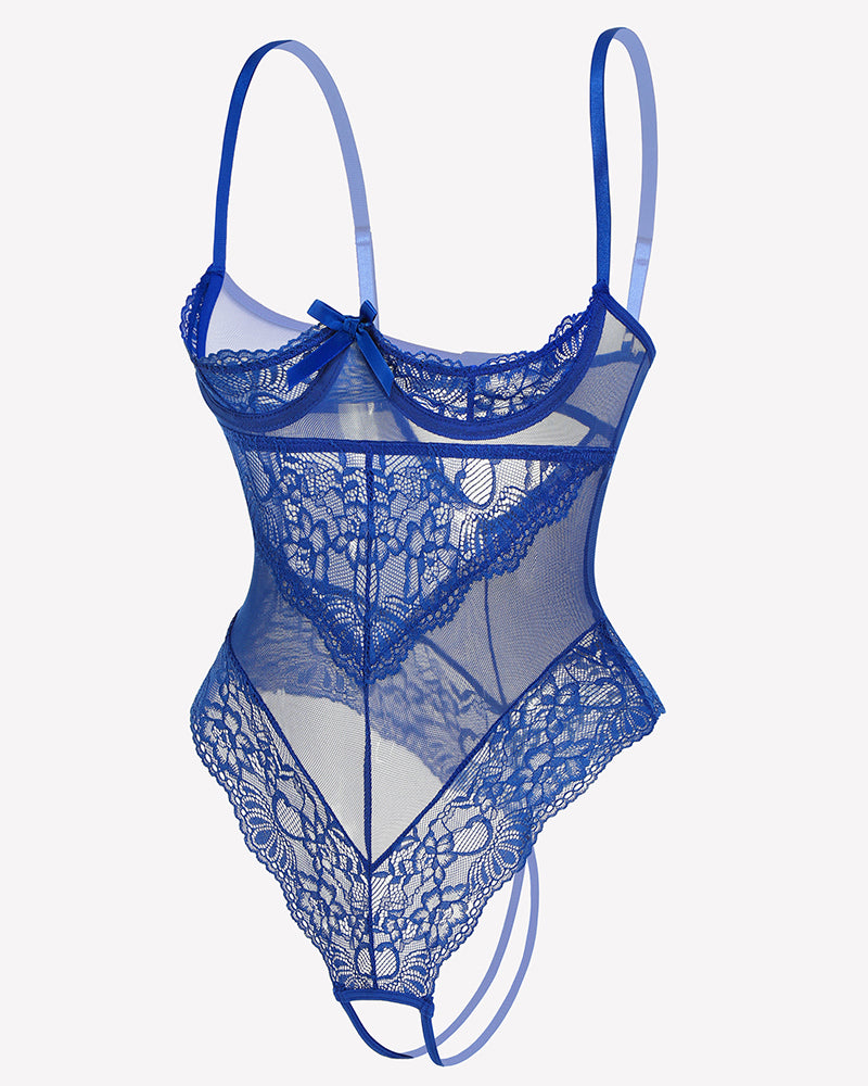 Royal blue underwire lace teddy bodysuit with sheer lace panels and thong back