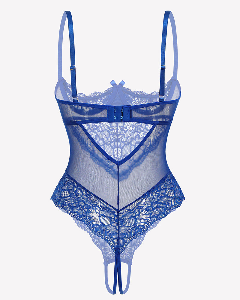 Royal blue underwire lace teddy bodysuit, back view with lace panels and garter straps