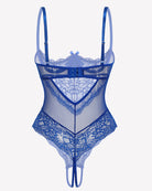 Royal blue underwire lace teddy bodysuit, back view with lace panels and garter straps