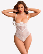 White underwire lace teddy bodysuit with lace triangle cups and high-cut bottoms