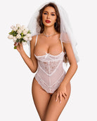 White underwire lace teddy bodysuit with scalloped lace cups and sheer mesh panels